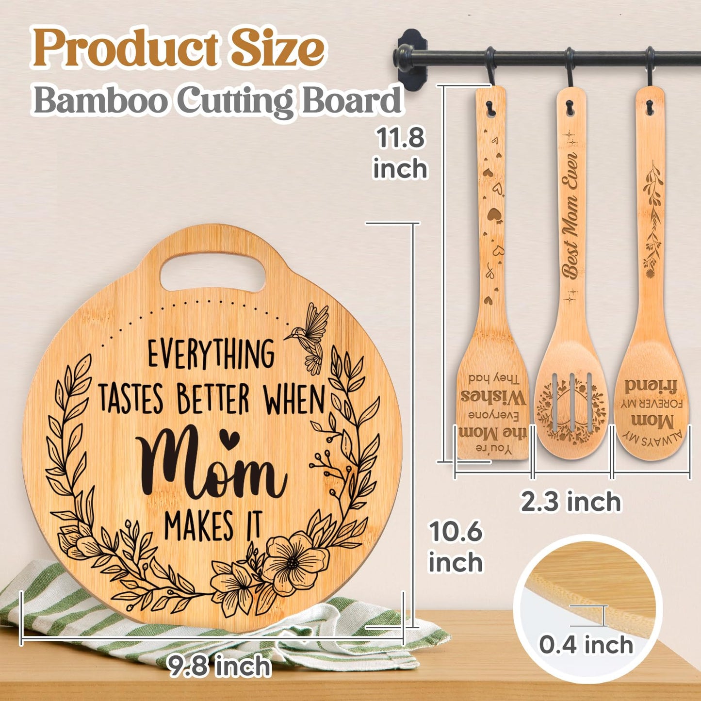 Birthday Gifts for Mom - Cute Engraved Bamboo Cutting Board Set, Perfect Mom Birthday Gifts from Daughter/Son, Mothers Day Christmas Birthday Gifts for Mom Mother, Home and Kitchen Decor