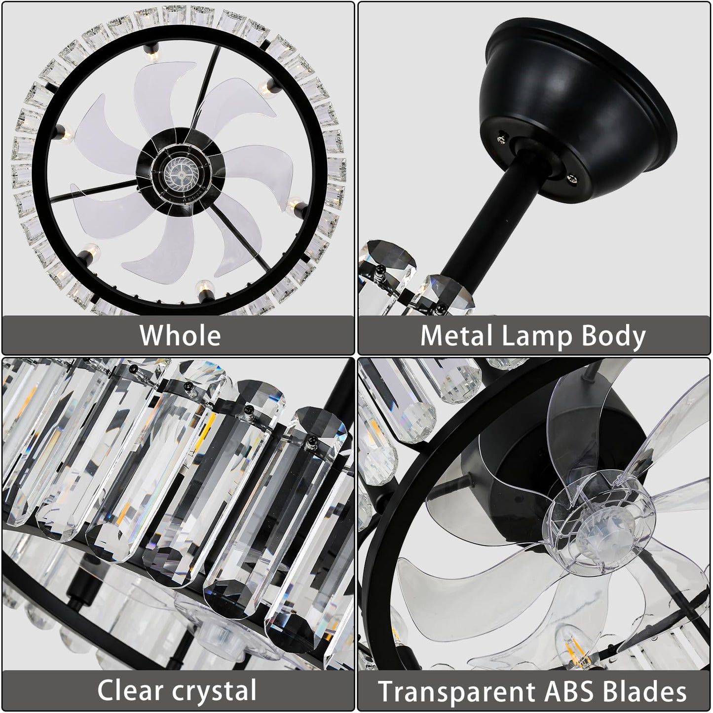 FRIXCHUR Crystal Caged Ceiling Fan with Lights and Remote 20.7 Inch Black Fandelier Semi Flush Mount 6 Speed Reversible Chandelier for Dining Bedroom Living Room Kitchen E12 x 6 Bulbs Not Included