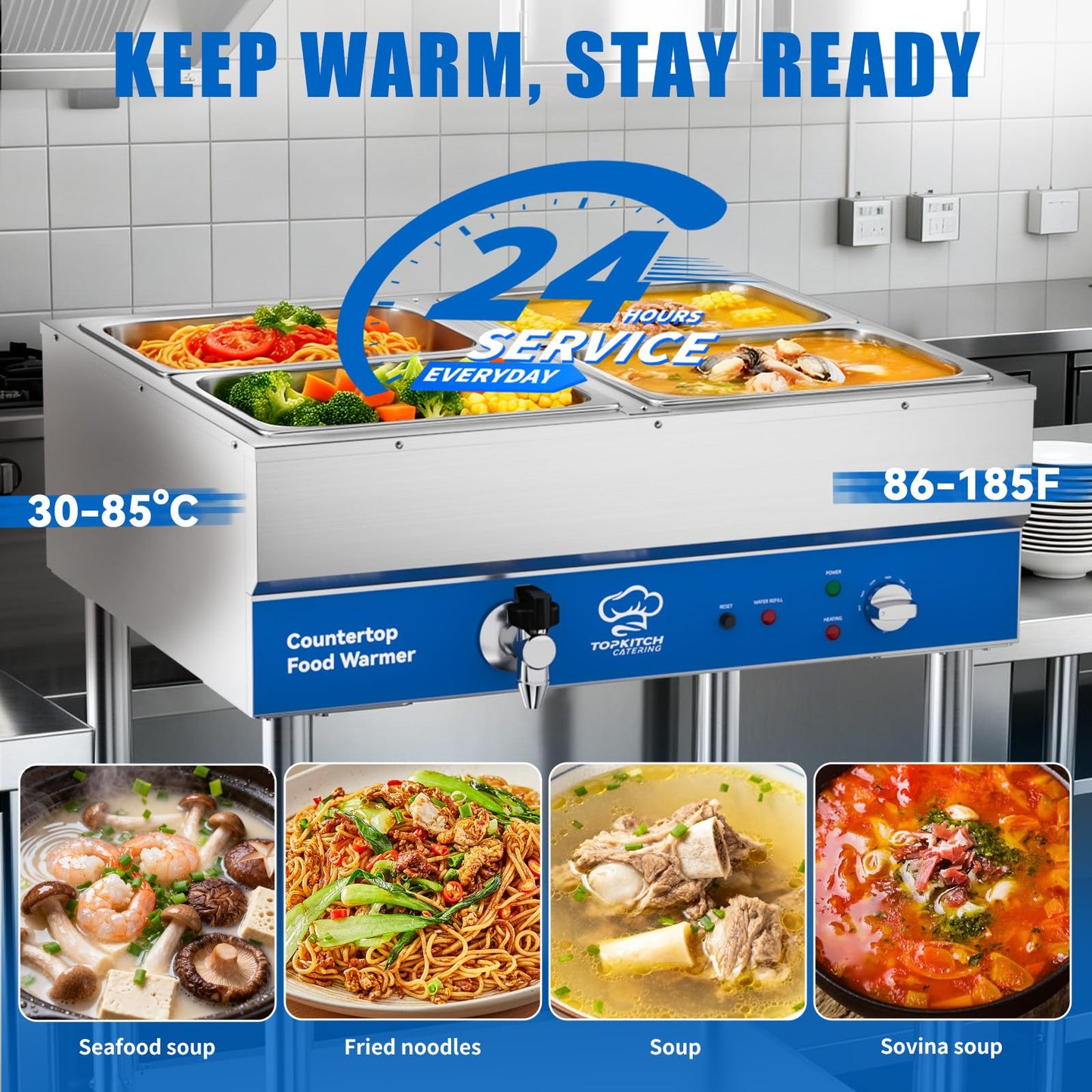 TOPKITCH 4-Pan Commercial Food Warmer, Electric Steam Table, 120V 1700W Stainless Steel Buffet Catering Food Warmer with Undershelf and Workspace, for Restaurant.