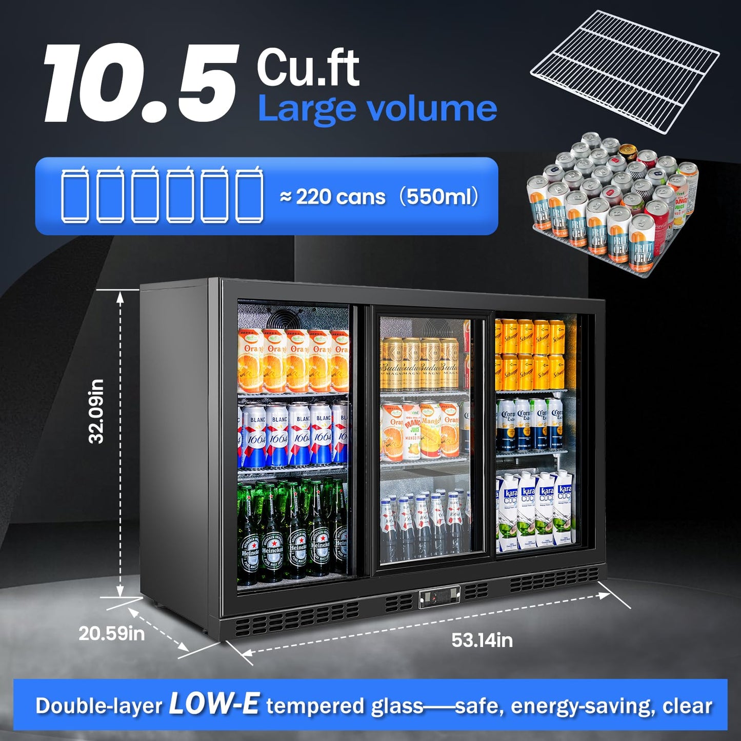 BINGERMA Back Bar Cooler with 3 Sliding Glass Doors 10.5 Cu.ft. ETL Commercial Beverage Refrigerator Black Drink Fridges for Beer, Wine,Soda, Drinks