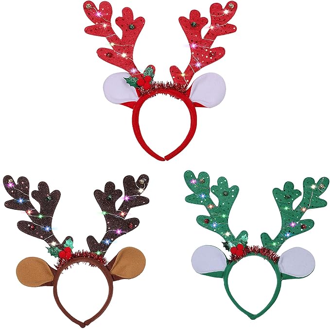 Xinoe 3 Pcs Christmas Antler Headband with LED Lights for Christmas Parties and Festive Decorations
