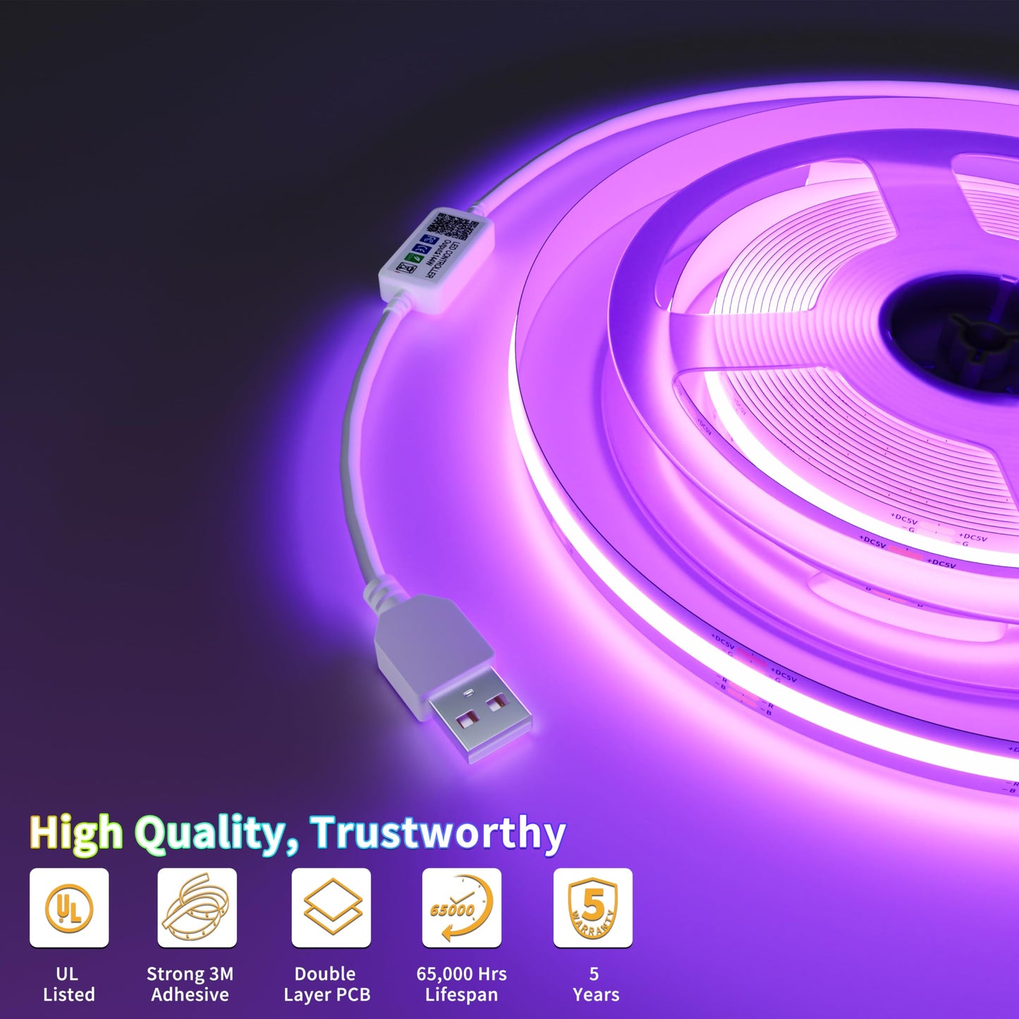 PAUTIX 5V USB COB RGB LED Strip Light 9.84ft/3m Color Changing Light Strips,TV Backlight Multicolor Flexible Under Cabinet Tape Lights with Bluetooth Control for Bedroom,Kitchen,Home DIY Lighting