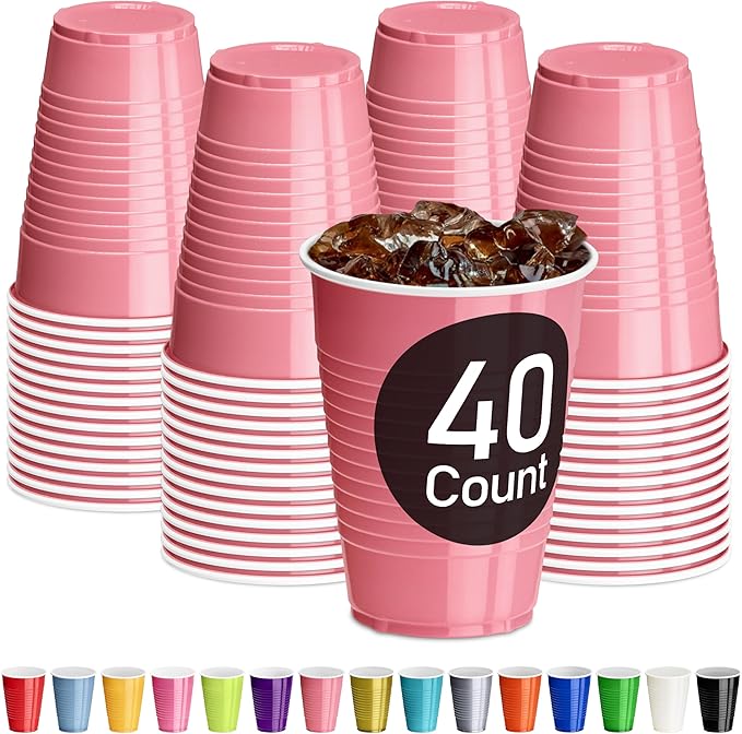DecorRack Light Pink Plastic Cups, 12 oz Disposable Cups, Reusable Party Supplies (40 Count)
