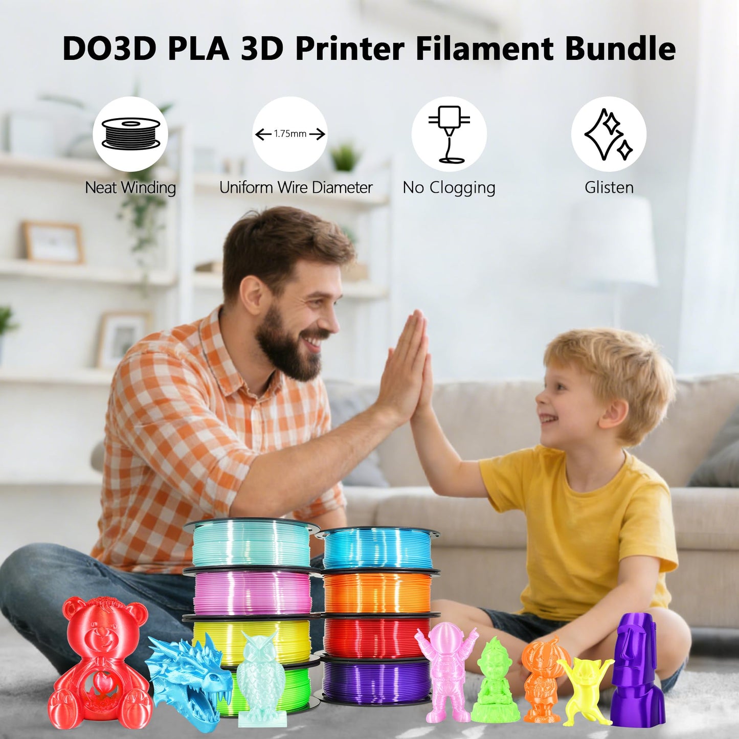 1.75mm Silk Shiny PLA 3D Printer Filament 8 Bright Colors Bundle: Silk Yellow/Lime Green/Orange/Sky Blue/Pink/Cyan/Red/Purple, Each Spool 250g, Total 2Kg 3D Printing Material, 250g x 8 Spools