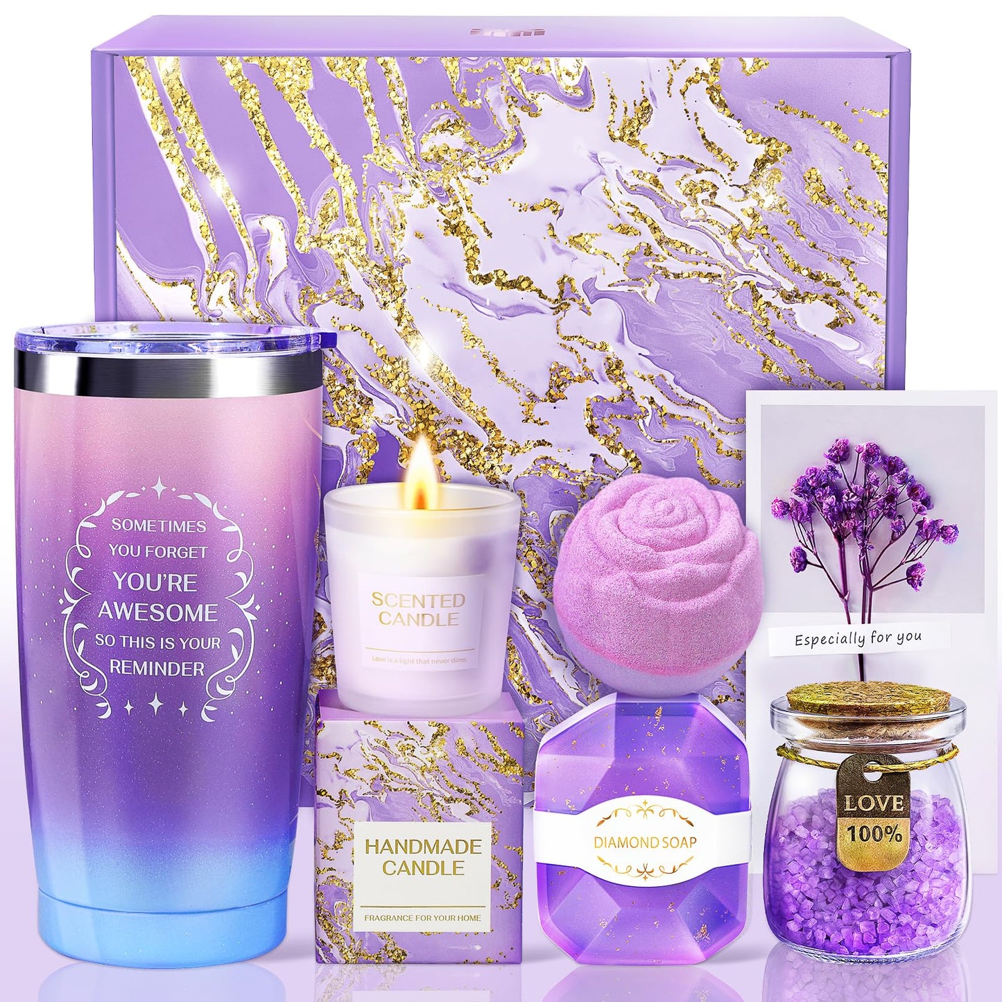 Allemu Birthday Gifts for Women, Thank You Gifts for Mom, Gifts for Wife, Girlfriend, Sister, Gift Set Idea for Her Christmas - Purple Gift Basket with 20 Oz Novelty Drinking Glasses