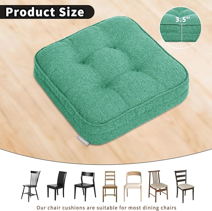 GOFORIT Memory Foam Cushion，Square Seat Cushions for Dining Chairs,Non-Slip Chair Pads with Removable Cover, 16'' x 16'',4 Pack, Green