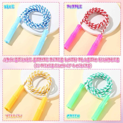 Aoriher 80 Pcs Jump Rope Bulk 7.22 ft Adjustable Stripe Skipping Rope Outdoor Exercise Fitness Equipment for Playground Activities Set, 4 Colors