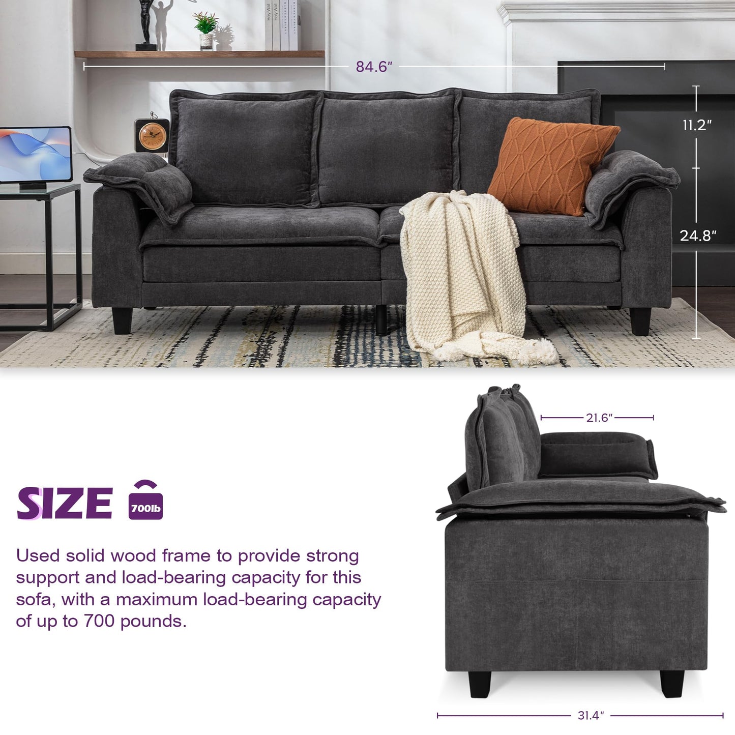 TYBOATLE 85" W Sofa Couches for Living Room, Mid-Century Modern Comfy Loveseat w/2 USB Charger & Wide Arms, 3 Seater Cloud Small Couch Sofas for Small Space Apartment Bedroom Office