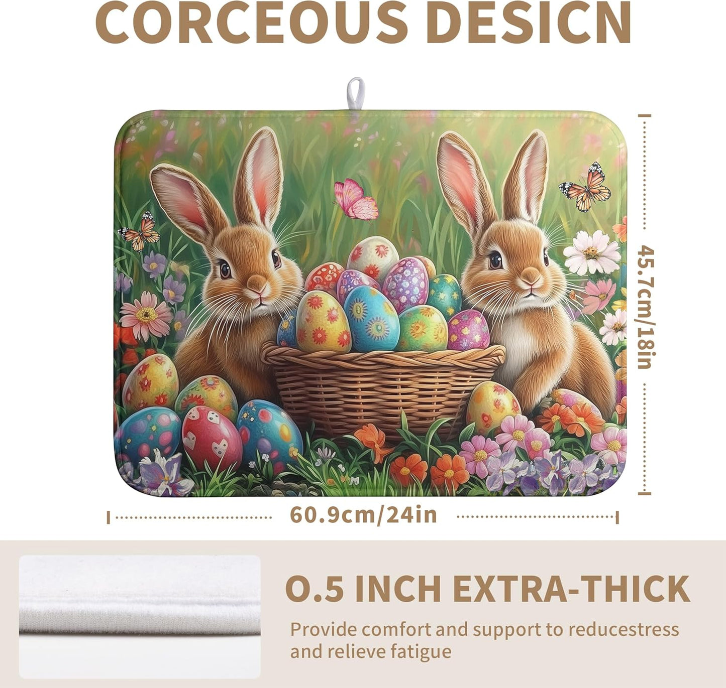 Easter Bunny Eggs Dish Drying Mat for Kitchen Counter 18x24 Inch Spring Easter Rabbit Flowers Large Drying Mat Microfiber Dish Drainer Rack Mats Absorbent Reversible Dishes Pad Dish Dryer Mat