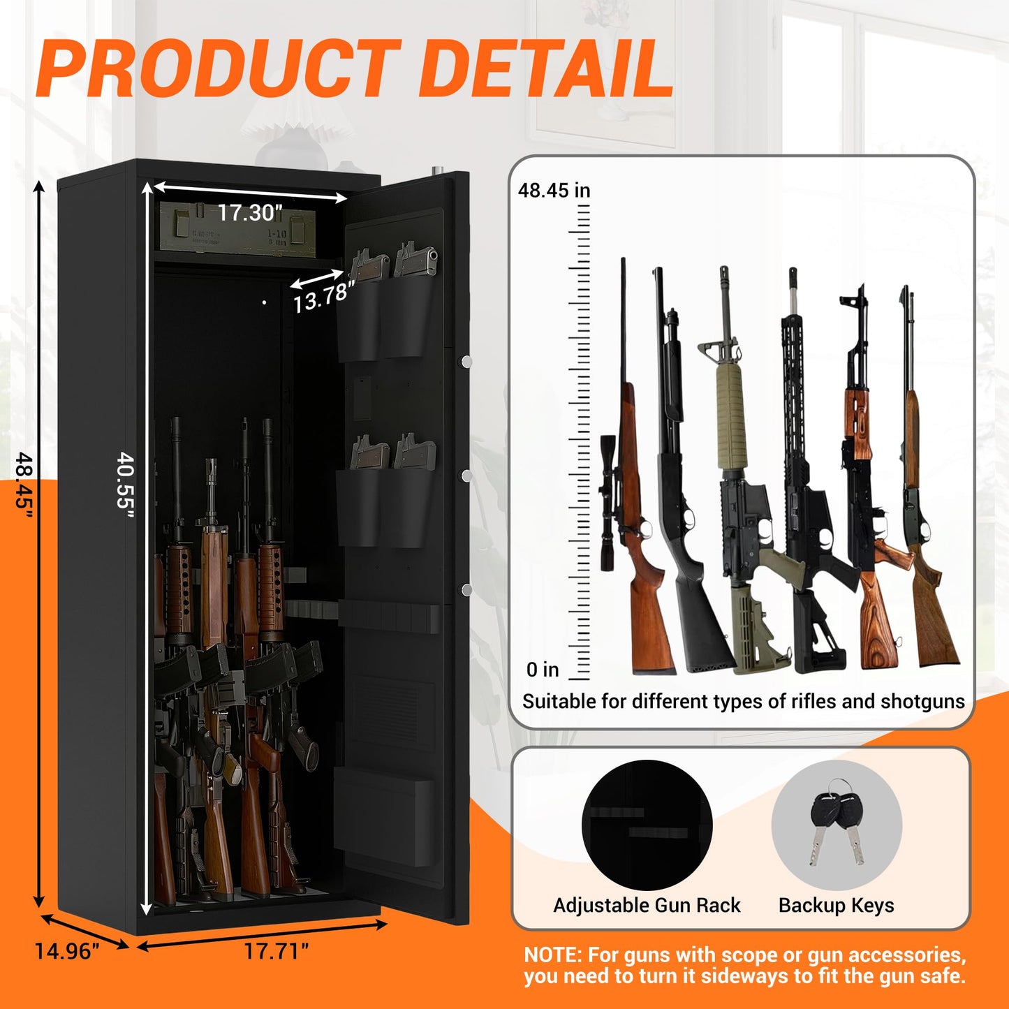 Rifle & Pistol Gun Safe, Quick Access with Fingerprint Lock & Backlit Digital Keypad, Heavy Duty Gun Cabinet with Removable Shelves, Pistol Pockets & Dual Alarm - Home Security Shotgun Locker