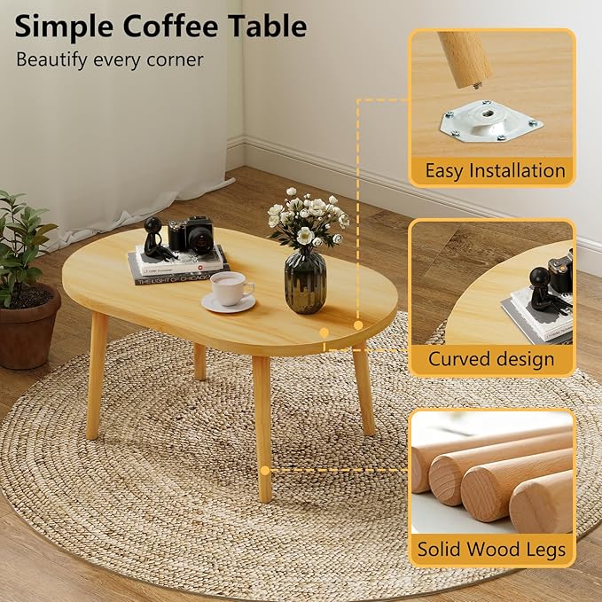 Funecy Coffee Table Low Table with Solid Wood Sturdy Legs, Floor Table Desk for Sitting on The Floor, Storage and Living Room Furniture (Natural-Oval)