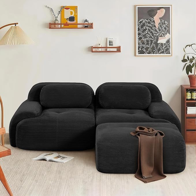 SoarFlash 81” Sectional Cloud Boneless Sofa Couches for Living Room-2 Seater L-Shaped Modern Lounge Couch-No Assembly Modular Corduroy Convertible Sponge Sleeper Sofas with Chaise for Home House,Black