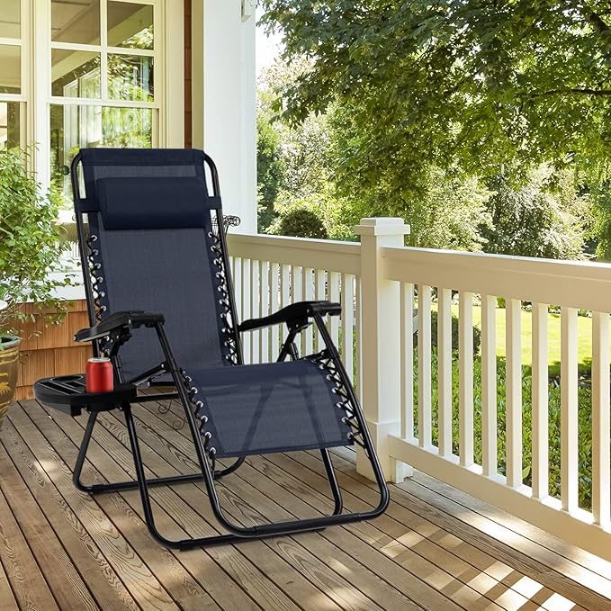 Tangkula Set of 2 Zero Gravity Chair, Folding Patio Lounge Chair Adjustable Outdoor Recliner with Cup Holder, Wide Armrest for Patio Garden Poolside Outdoor Yard Beach, Support 350 lbs (2, Navy Blue)