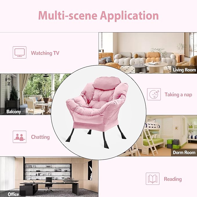 Youtanic Lazy Chair Thick Padded, Comfy Velvet Accent Lounge Chair with Stable Frame, Leisure Sofa Armchair with Armrests and Side Pocket, Reading Chair for Bedroom, Living Room, Office, Pink
