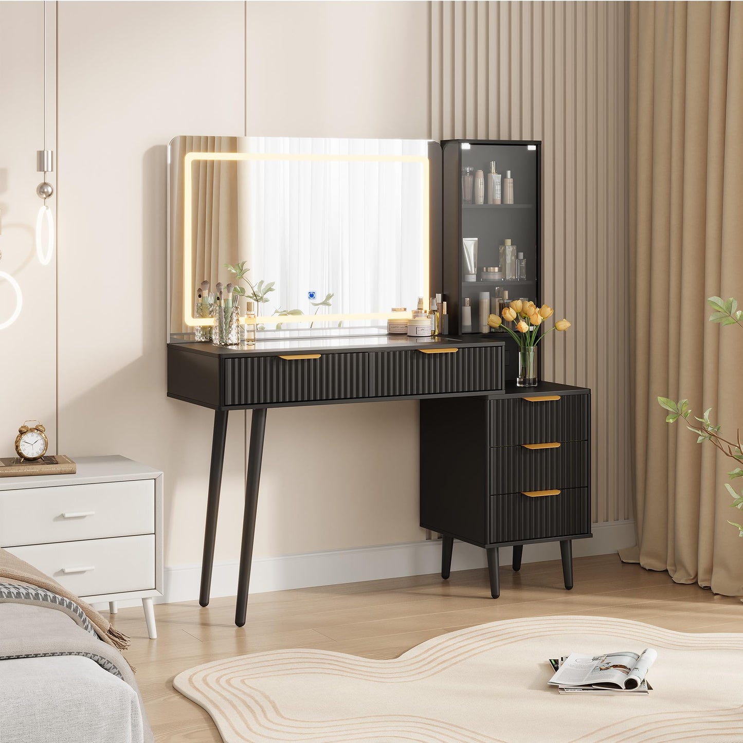 GarveeTech 48" Makeup Vanity Table, with 5 Drawers & 3-Tier Shelves, Fluted Vanity Desk with 36" Lighted Mirror, Charging Station, Wood Dressing Table with Glass Top, for Bedroom