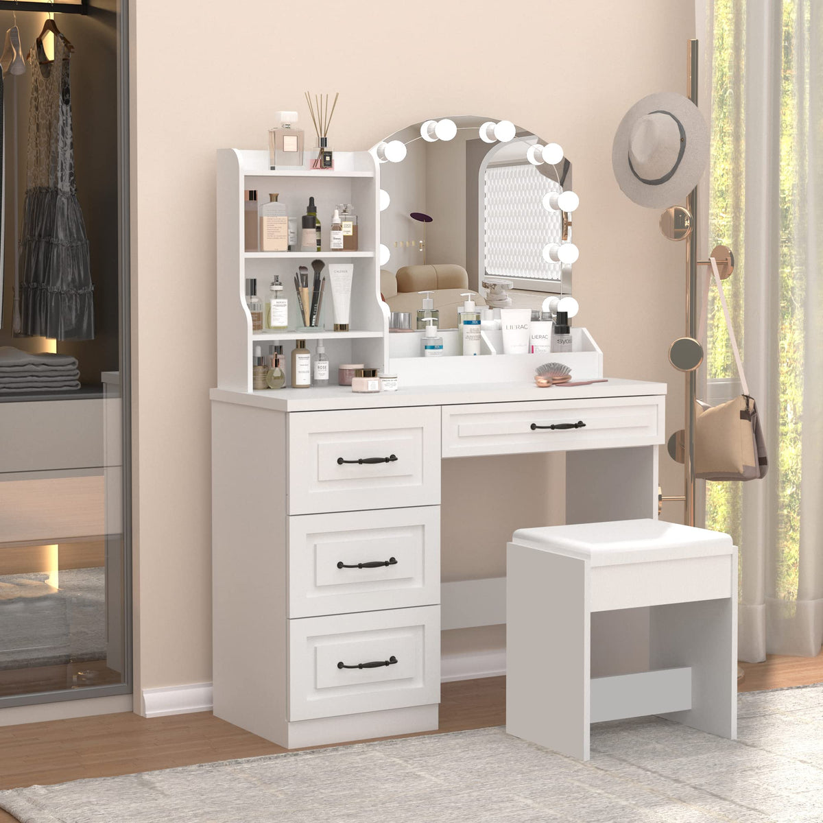 Vabches Makeup Vanity Desk with Lights and 4 Drawers, White Vanity Set Makeup Table Lots Storage, 3 Lighting Colors, Large Size 39.4in(L)