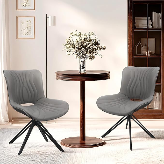 VATROS Dining Chairs Set of 2, 360° Swivel Upholstered Mid-Century Modern Kitchen Dining Room Chairs, Armless Faux Leather Accent Side Chair with Padded Back, Metal Legs for Living Room Bedrooms,Grey