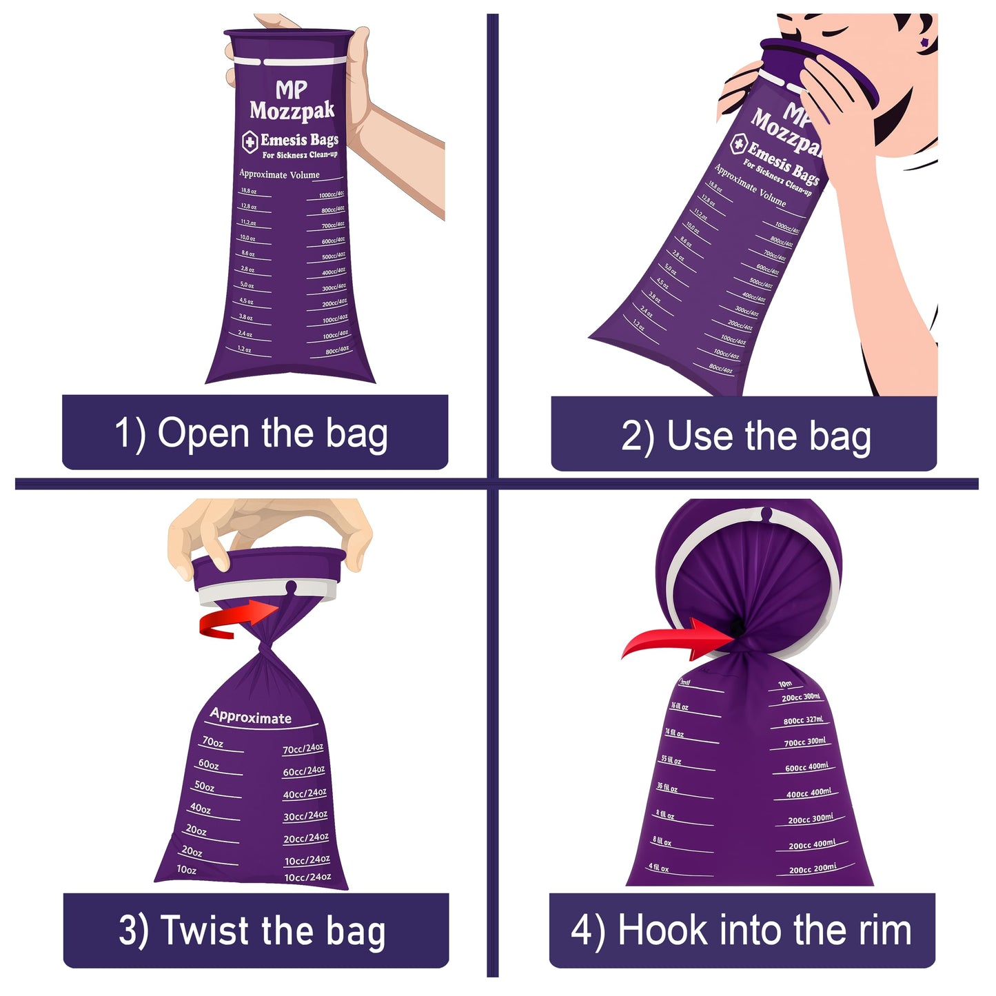 MP MOZZPAK Vomit Bags Disposable 50 Pack - 1000ml Emesis Bags, Leak-Proof Barf Bag, Travel Friendly Puke & Nausea Bag for Motion Sickness, Medical Grade Throw up Relief for Car, AirPlane, & Road Trip