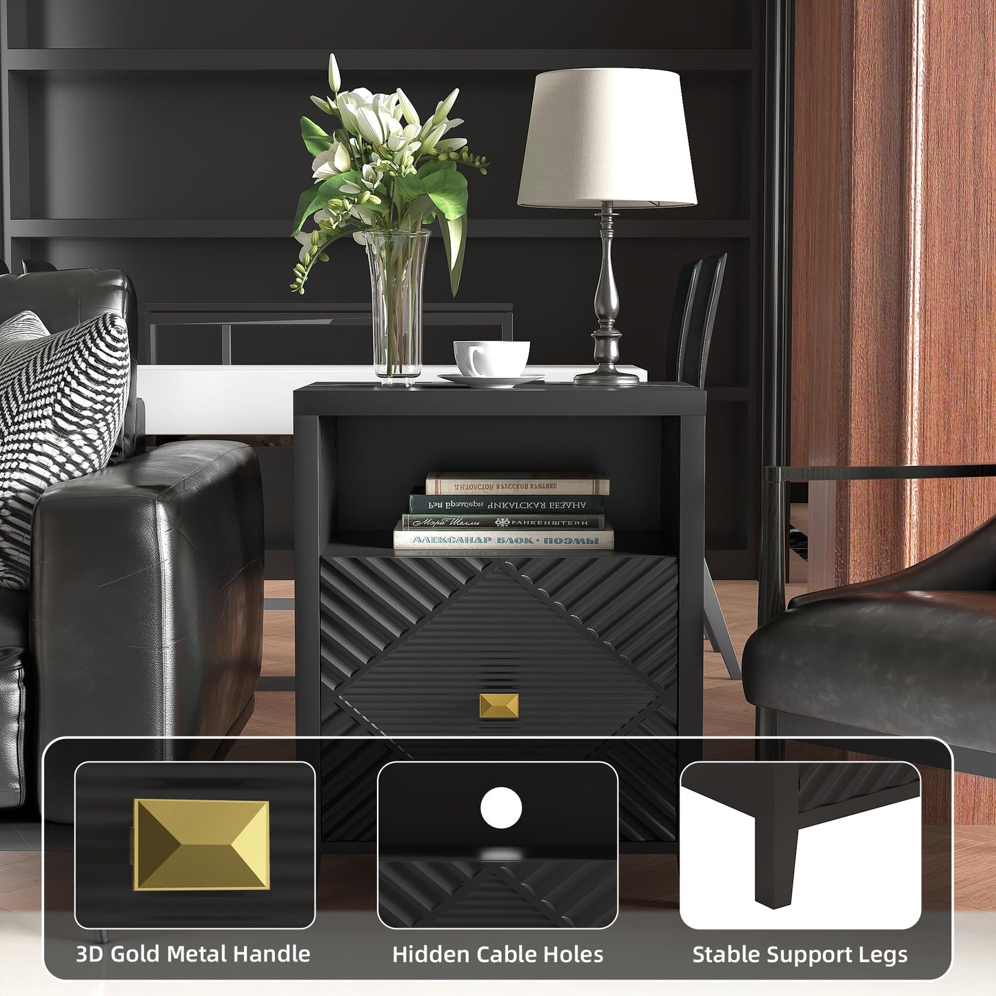 Modern Nightstands with Charging Station, Set of 2, 19.68" Bedside Tables with Drawer and Open Shelf, End Tables with USB Ports and Outlets for Bedroom