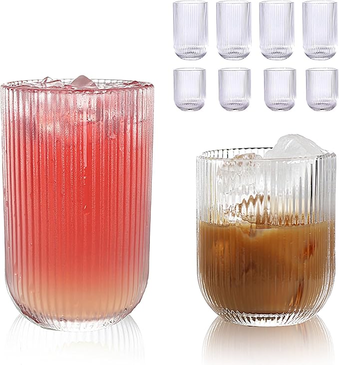 WeirdUncle Set of 8 Ribbed Glassware,4 Highball Glasses 14oz & 4 Rocks Drinking Glasses 9oz, Clear, Origami Style, Fluted ...