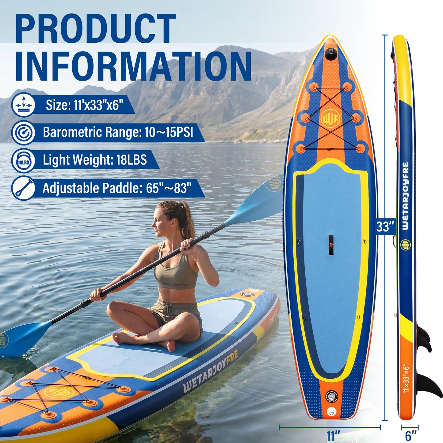 WETARJOYFRE Inflatable Stand Up Paddle Board, 11' x 33" x 6" Extra Wide SUP with Premium Accessories, Non-Slip Deck ISUP for All Skill Levels, Adults, Youth, Fishing, Yoga, Floating on Ocean & Lake
