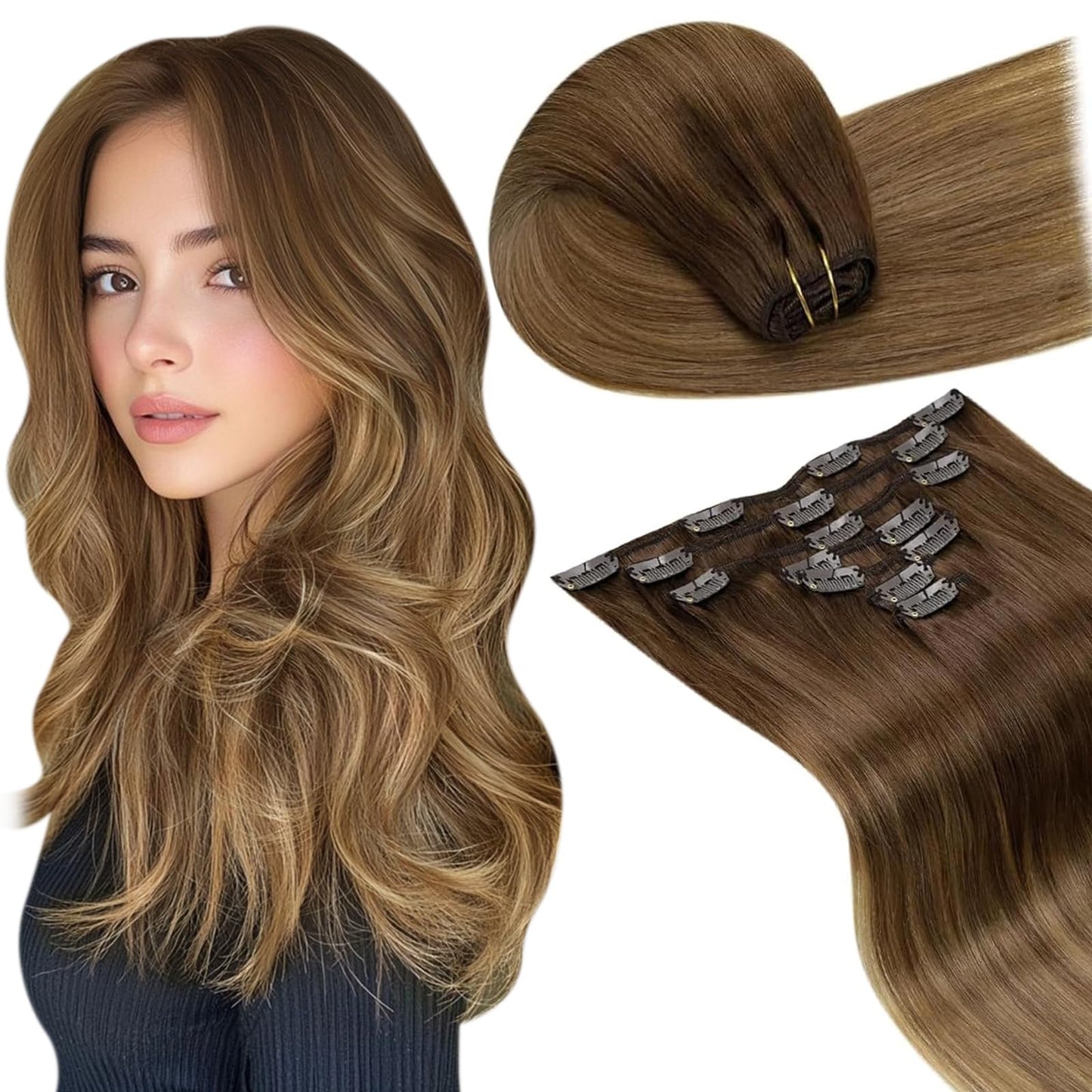 LaaVoo Hair Extensions Clip ins Human Hair Brown Balayage Clip in Hair Extensions Real Human Hair 24 Inch Double Weft 120g 7pcs