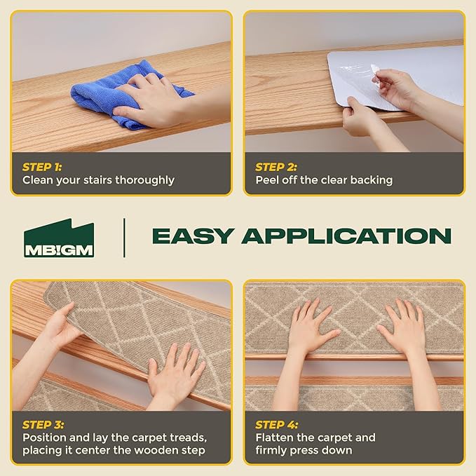 MBIGM 8" X 30" (15 in Pack) Non-Slip Carpet Stair Treads Non-Skid Safety Rug Slip Resistant Indoor Runner for Kids Elders & Pets with Reusable Adhesive - Cornstalk Diamond Weave