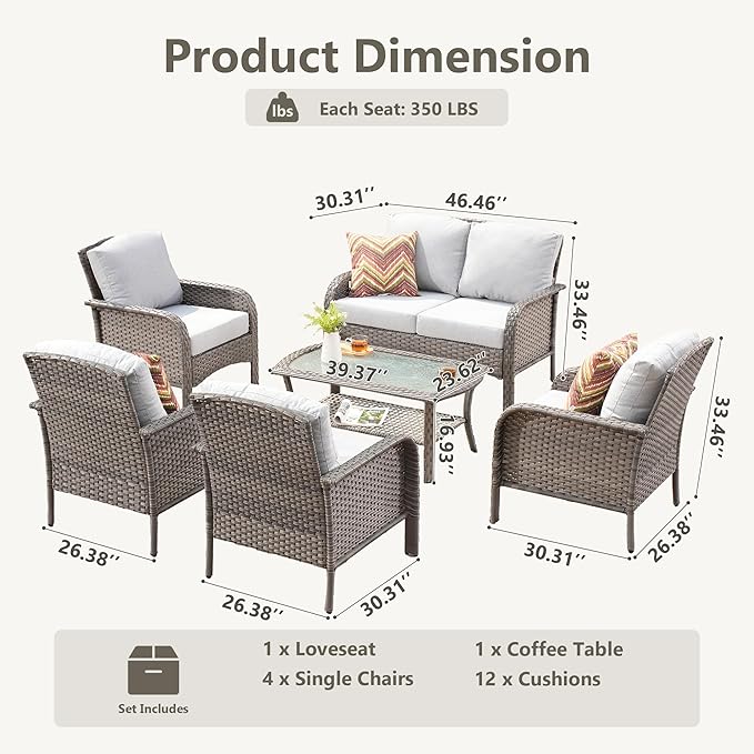 CAODOC 6-Piece Wicker Patio Furniture Set, All-Weather Rattan Conversation Bistro Loveseat Chair and Table Set for Backyard, Balcony and Deck with Soft Cushions and Metal Table(Grey)