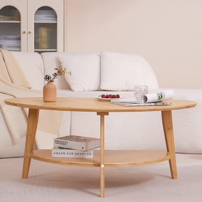 NAVREX Mid Century Modern Coffee Table, Oval Coffee Tables with Storage for Living Room, 2 Tier Solid Wood Center Table, Wooden Coffe Tables, Easy Assembly, 40.2" D x 22" W x 17.7" H | Mid-Century Modern, for Living Room, FSC Certified, Wooden, Coffee ...