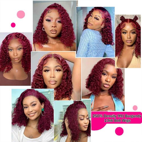 Bob Wig Human Hair 99j Burgundy 13x6 Deep Wave HD Lace Front Wigs Human Hair 250% Density Burgundy Bob Curly Lace Frontal Wigs Brazilian Virgin Human Hair Wigs Pre Plucked with Baby Hair (#99j,8Inch)