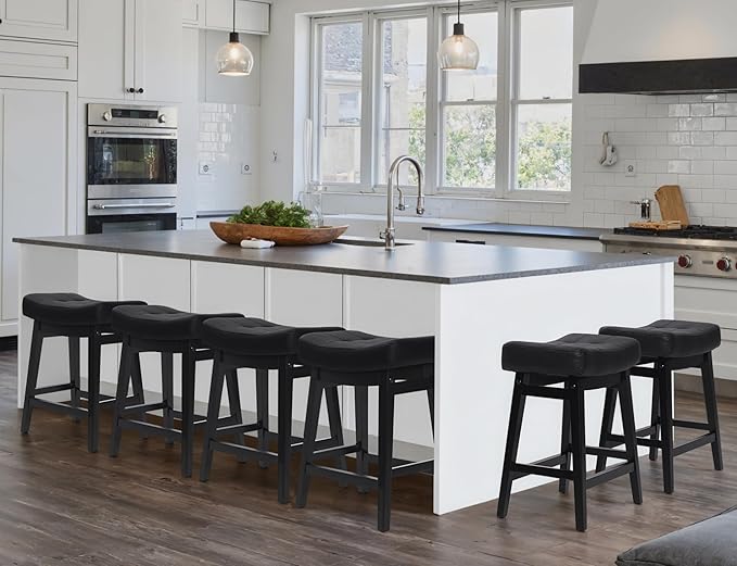 RNKSFX Counter Height Black Bar Stools Set of 6 for Kitchen Counter, Backless Farmhouse Kitchen Island Barstools with Upholstered Faux Leather Saddle Seat and Solid Wood Legs Modern 24 inch Bar Chairs