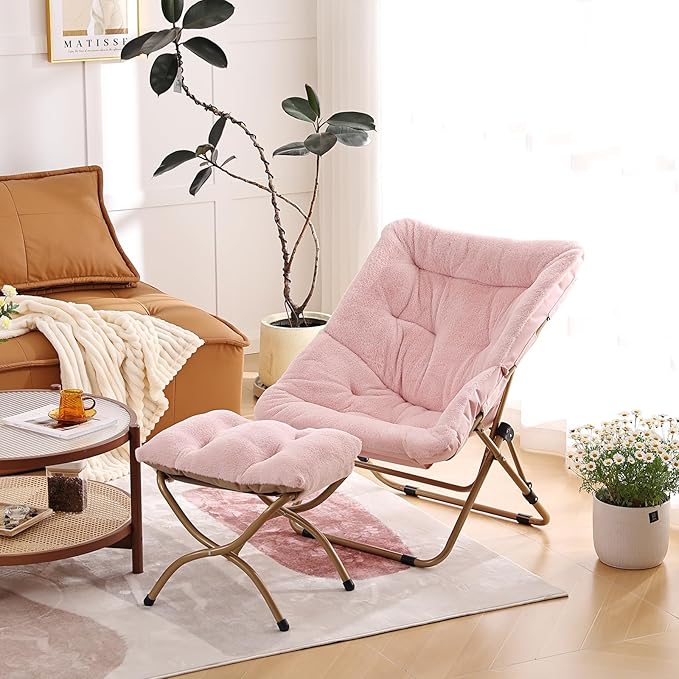 Givjoy Comfy Folded Chair, Soft Faux Fur Oversized Folding Chair, Flexible Lounge Lazy Chair for Kids Girls Teens Adults, Moon Chair for Dorm Rooms, Bedroom, Living Room