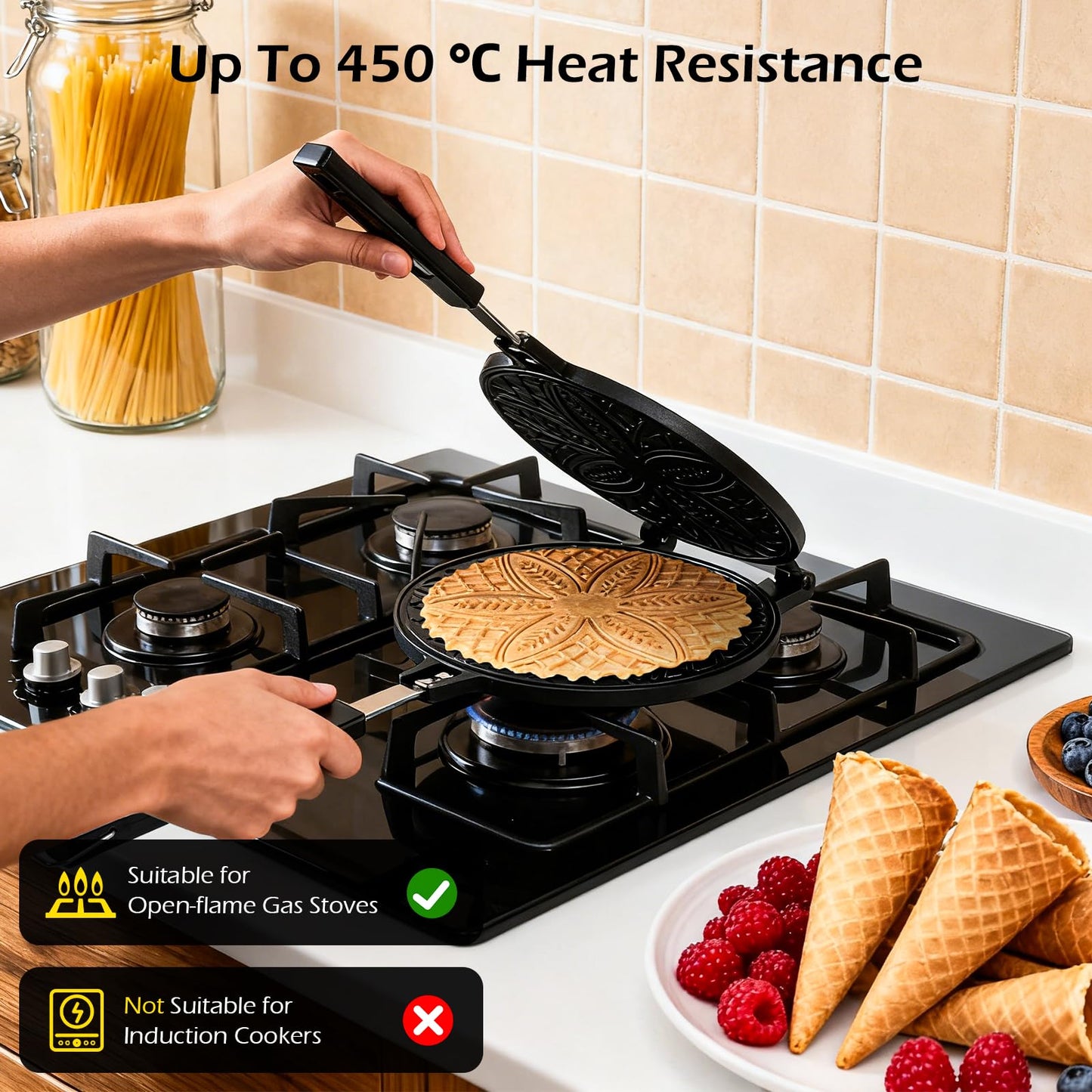 Dyna-Living Waffle Cone Maker Household Ice Cream Cone Machine Non-stick 7.9 inch Egg Roll Mold Pan Waffle Bowl Maker for DIY Ice Cream Waffle Cone Desserts, Flower-shape