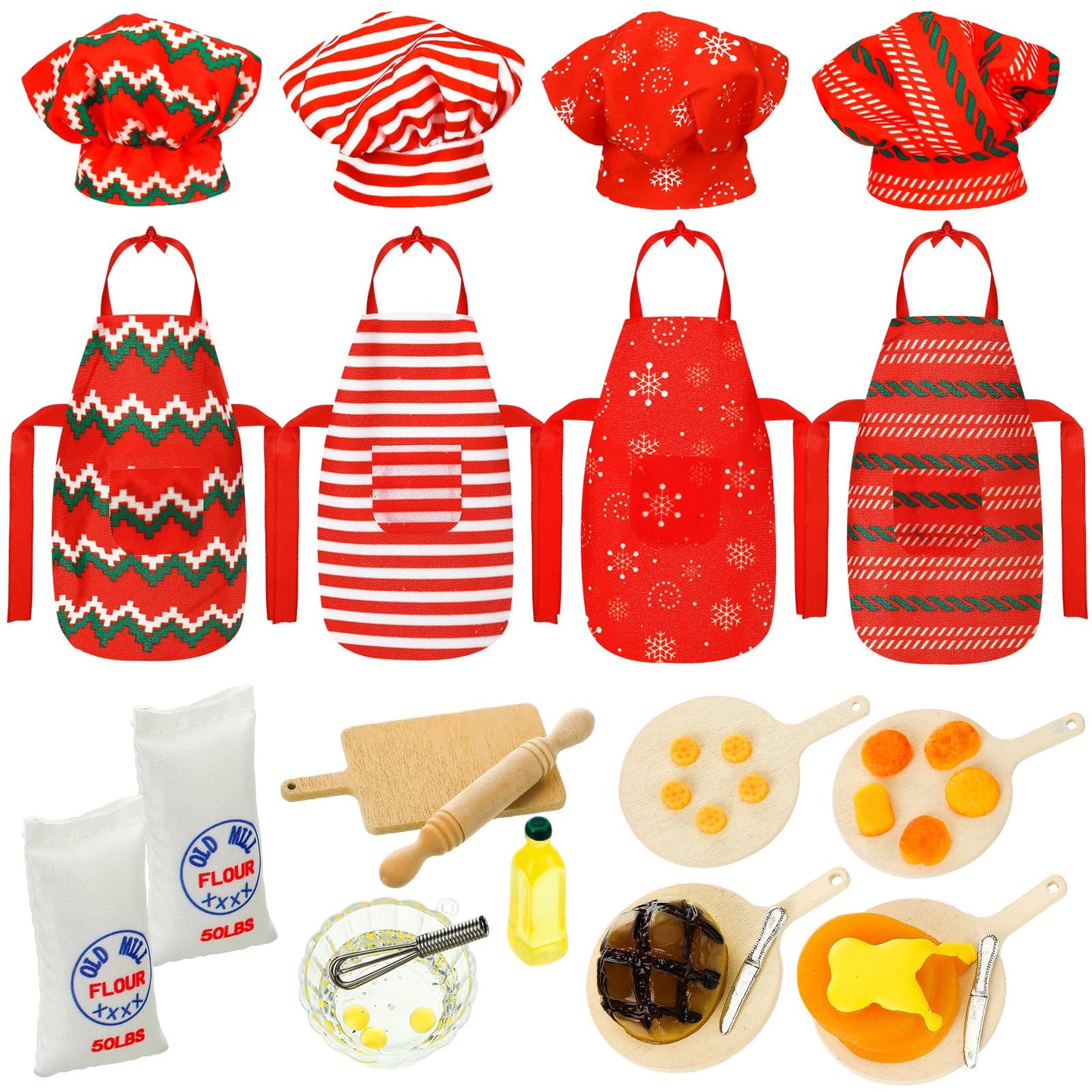 Kajaia 30 Pcs Christmas Accessories Mini Doll Baker Outfit Set Include Baking Apron and Hat Miniature Rolling Pin Flour Egg Bowl Cookie Tray Whisk, Doll is Not Included