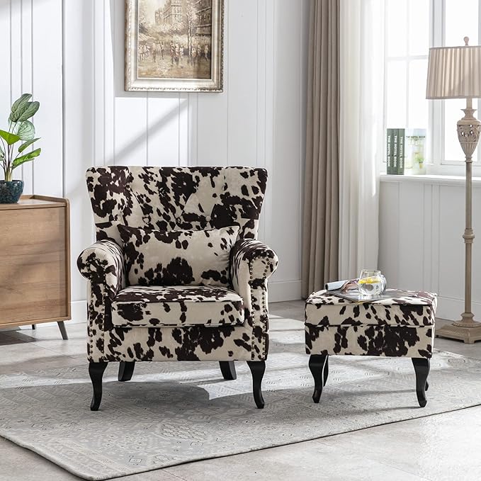 DM Furniture Mid Century Accent Chair with Ottoman Modern Button Tufted Armchair Wingback Club Chair Velvet Single Sofa Lounge Chair with Pillow for Living Room Bedroom, Cowhide Print