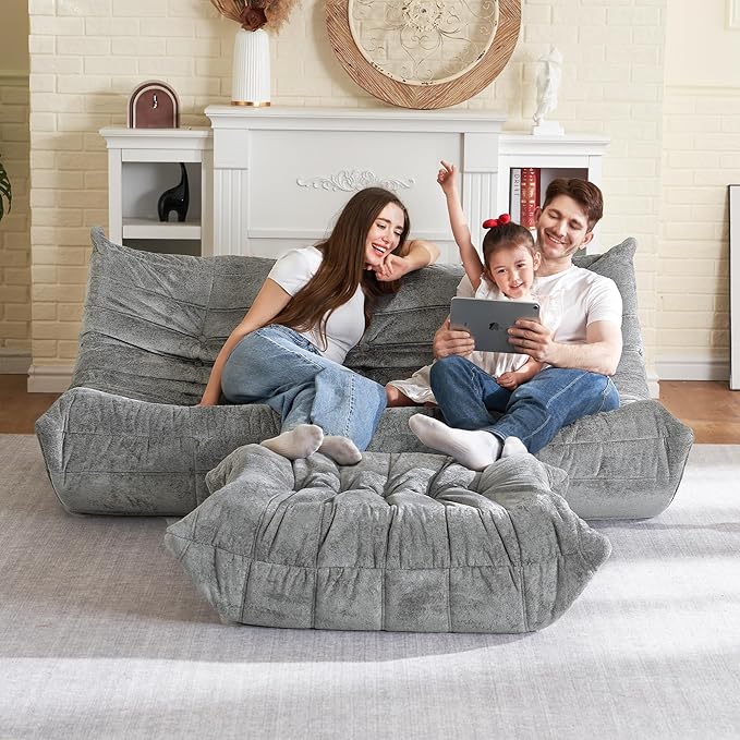 HABUTWAY Bean Bag Ottoman,Foot Rest,Fireside Chair Memory Foam Lazy Bean Bag Sofa for Living Room,Bedroom,Dorm,Office (Ottoman-Light Grey)