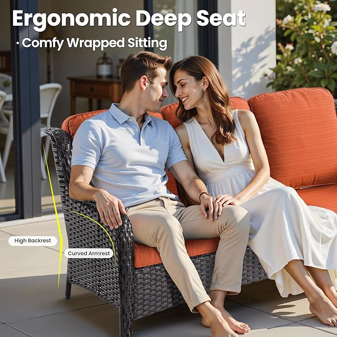 ovios 7 Pieces Patio Furniture Set, Outdoor Wicker Sofa Couch with Swivel Chairs 42" Fire Pit Table, High Back Modern All Weather Conversation Sets, Brown Rattan, Orange Red