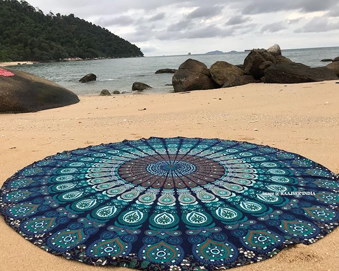 raajsee Turquoise Round Beach Tapestry Hippie/Boho Beach Blanket Mandala/Indian Cotton Throw - Round Tablecloth/Home Deco...