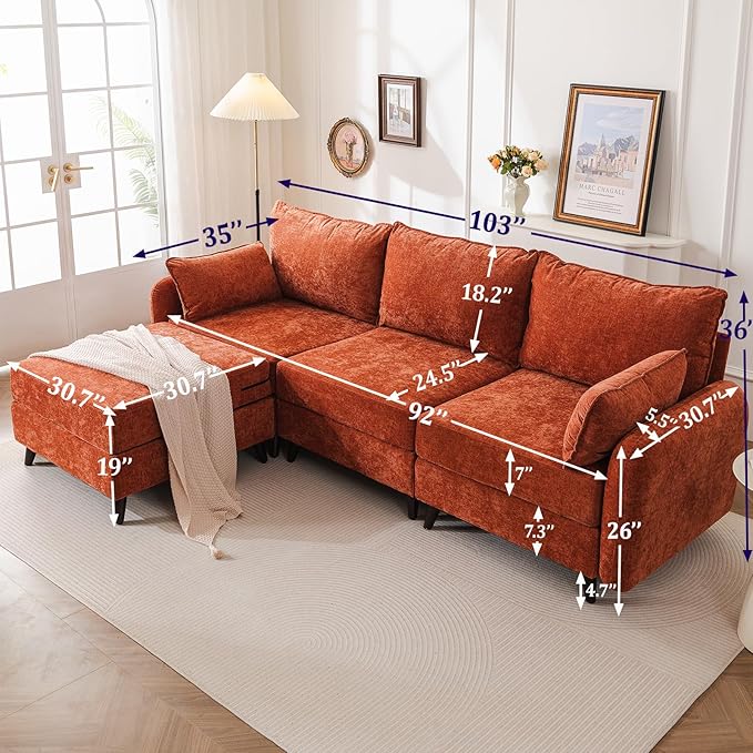 Rexulqo 104'' Modular Sectional Sofa with All Seats Storage, Oversized L Shaped Couch for Living Room,3-Seater Comfy Cloud Couches with Movable Ottoman,Big Sectional for Bedroom,Velet,Orange
