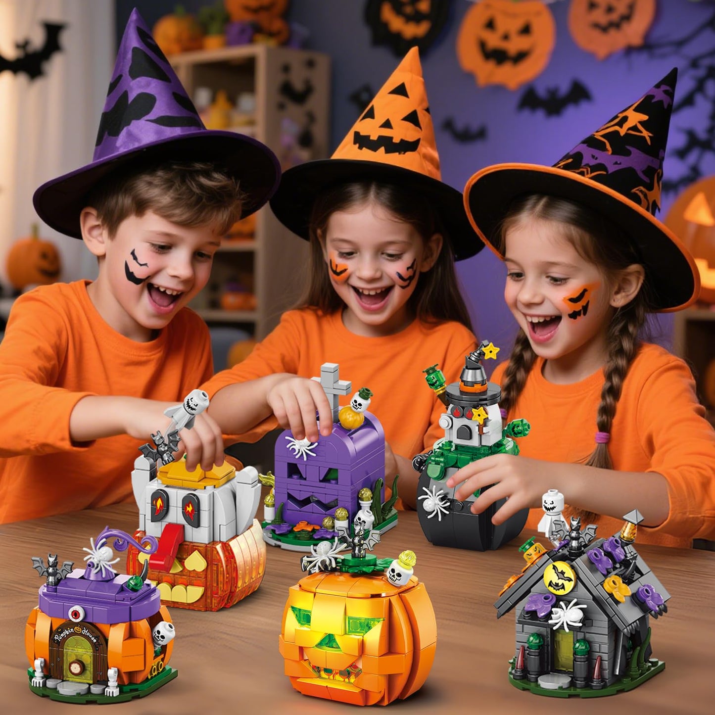 Halloween Building Blocks Set - Haunted House, Pumpkin Carriage, Skull Head, 6 Models Compatible with Lego, Halloween Party Gift for Boys or Girls 6-12 Years Old