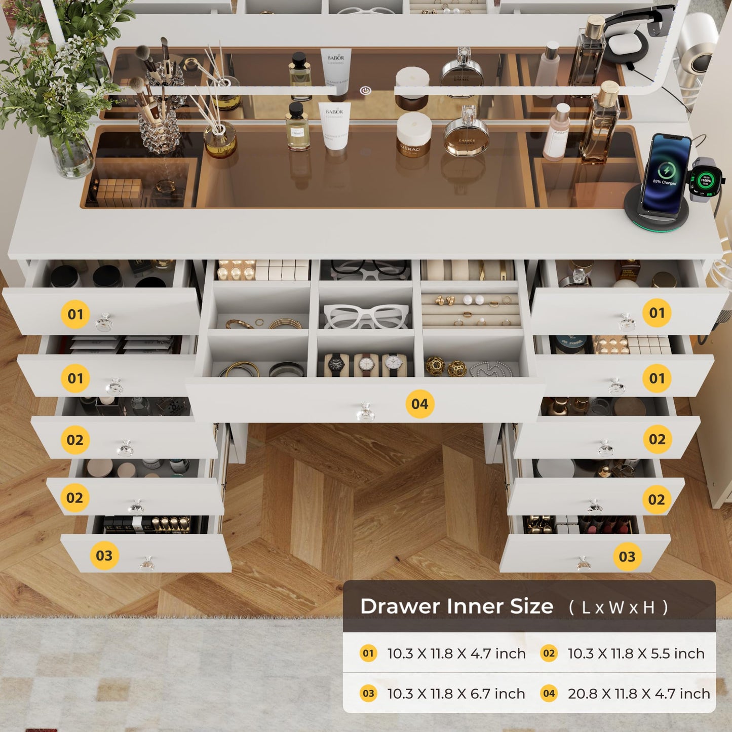 Otterease Vanity Desk with Mirror and Lights, 11 Drawers Makeup Vanity Desk with Tempered Glass top, 3 Lighting Modes Adjustable Brightness, White Vanity with Magnetic 5X Magnifier for Bedroom