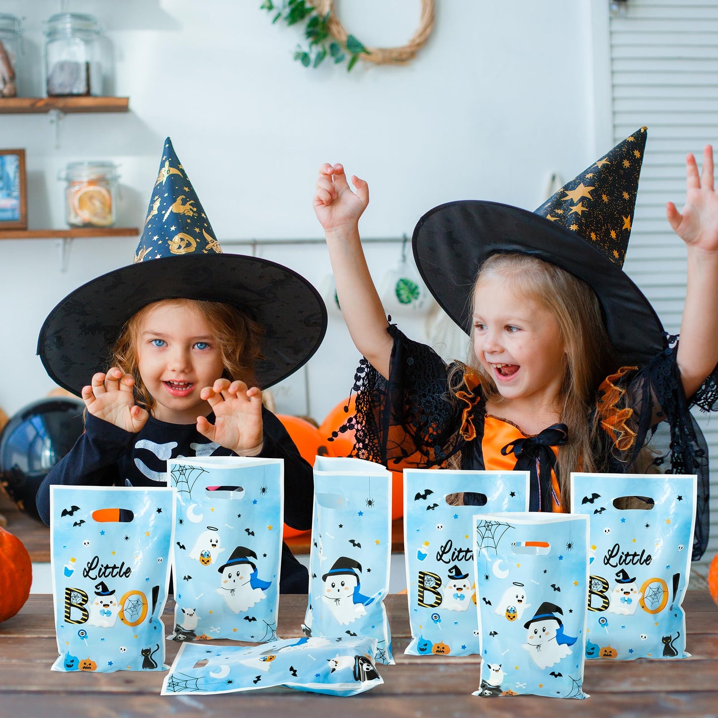 Haooryx Bule Little Boo Favor Bags - 50Pcs Halloween Little Ghost Plastic Gift Bag Birthday Party Gift Warp Goodie Candy Treat Bags for Halloween Party Kids Boy Birthday Baby Shower Party Favor Supply