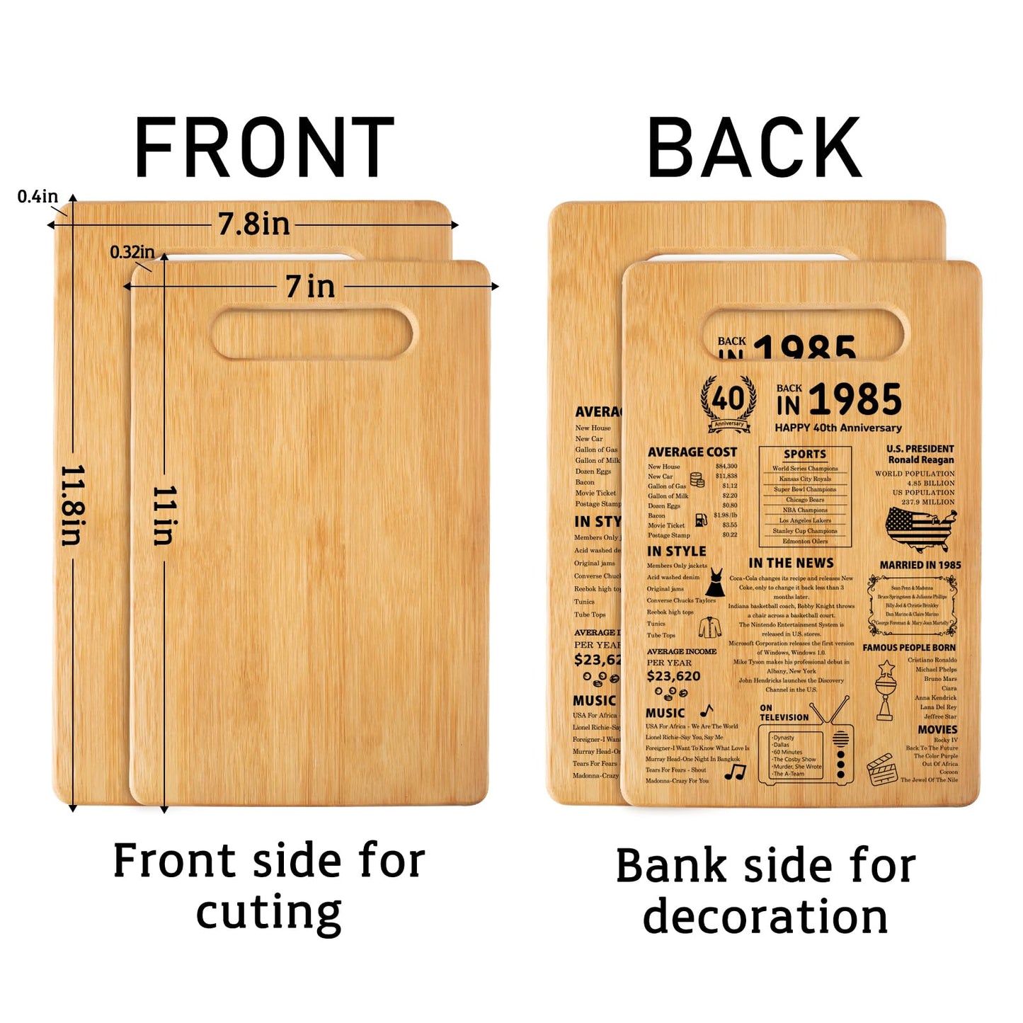 40th Wedding Anniversary Cutting Board Gifts for Women Men Marriage Gifts for Couple 1985 Poster Back In 1985 40th Anniversary Decorations 100% Organic Bamboo Pre Oiled 11"L x 7"W x 0.5"Th