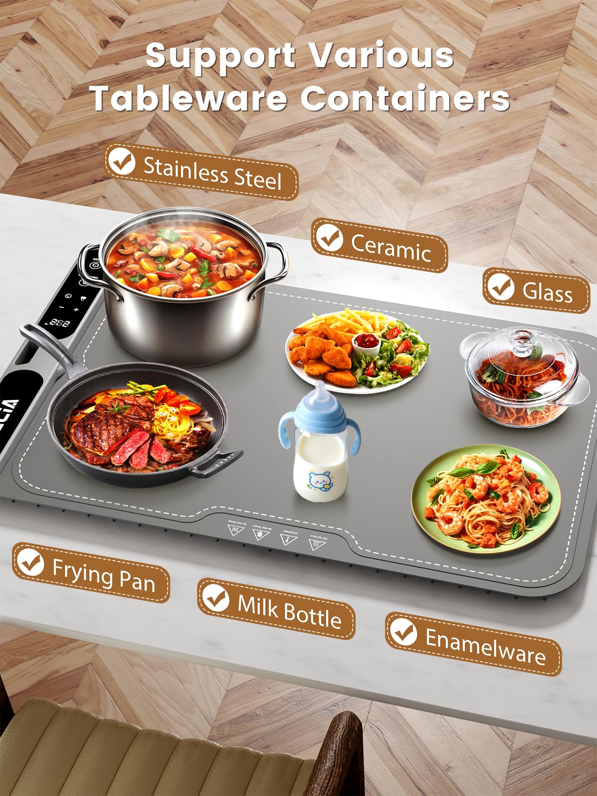 Food Warming Mat Electric Heating - Portable Silicone Warming Tray with 7 Temperature Settings and 8 Hours Timer for Party Buffet Home Travel Kitchen (23.6"x15",Gray)