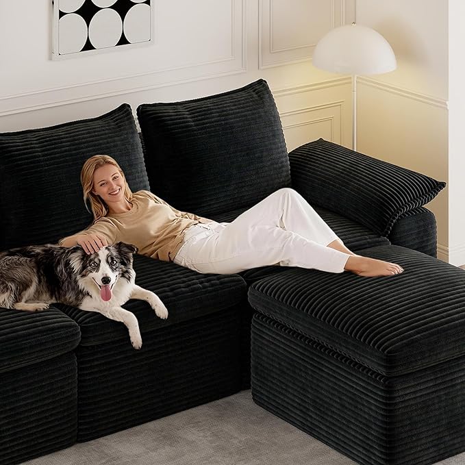 Buytime 104" Comfy Cloud Couch, Convertible Boneless Couches for Living Room, L Shaped Modular Sectional Sofa with Deep Seat, Double-Layer Cloud Cushion and Headrest, Black