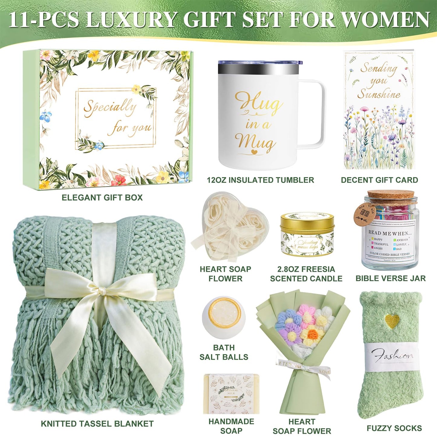 Gift Baskets for Women, 11 PCS Unique Birthday Gifts for Women, Self Care Gift Baskets, Thank You, Get Well, Sympathy Inspirational Friendship Gifts for Mom, Grandma, Sister,Friends (Sage Green)