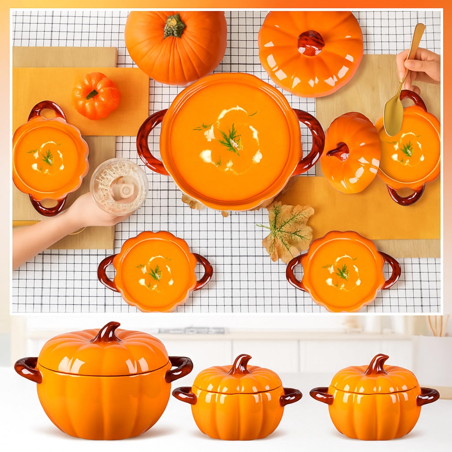 Maxdot Set of 5 Ceramic Pumpkin Bowls with Lid and Handles Pumpkin Shape Soup Serving Pot Storage Jar for Fall Thanksgiving Halloween Party Kitchen Dessert Decoration 17Oz & 54Oz (Orange)