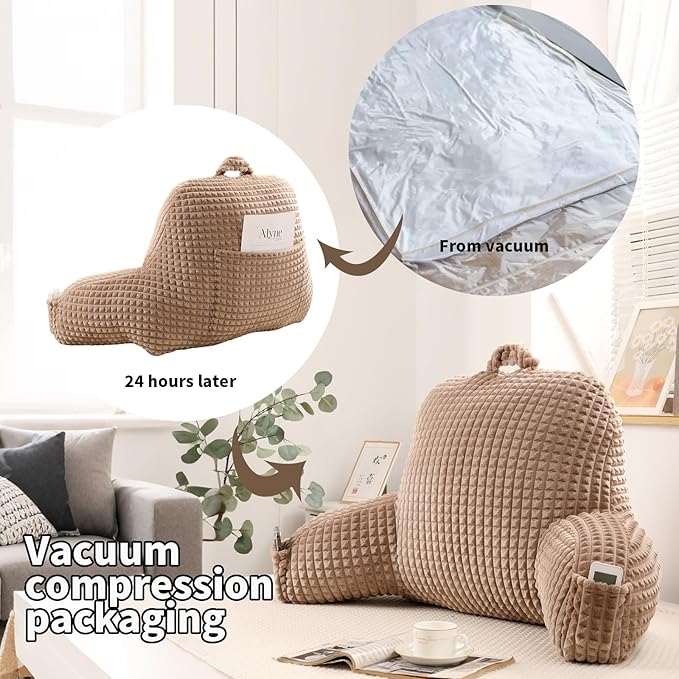 PAJEO Reading Pillow for Sitting in Bed, Large Backrest Reading Pillow with Arm Rest,Back-Rest Support Cushion for Sit Up on Couch, Sofa, and Floor, Dorm Essentials (Khaki Flannel, Large(19"))