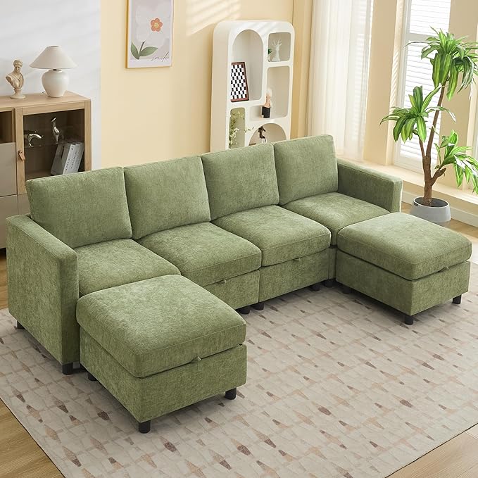 WUTUTUEE 107”Modular Sectional Sofa Convertible U Shaped Sofa Couch Set with Storage for Living Room, Modern 6 Seater Modular Sectional Couch with Movable Ottoman, Chenille(Green)