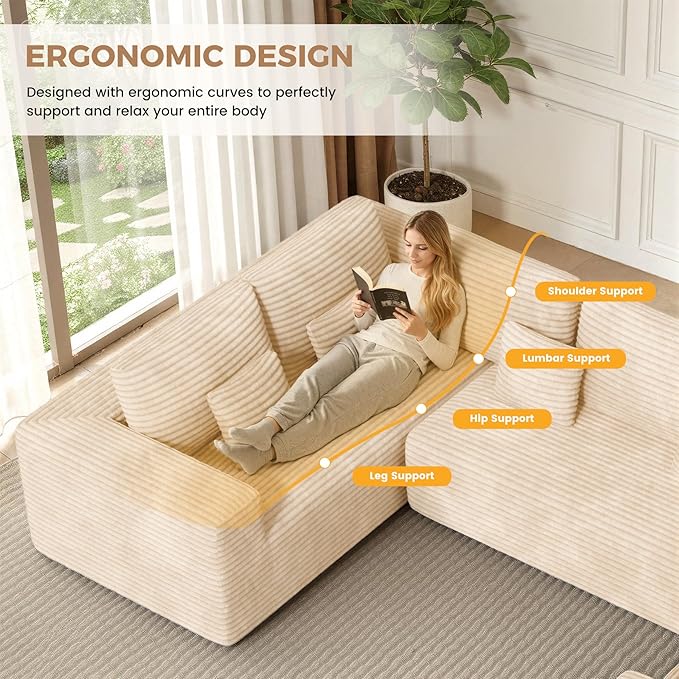 136'' Large Sectional Cloud Couches with Chaise, U Shaped Boneless Loveseat Sofa, No Assembly Required Deep Seat Modular Lounge for Living Room 3PCS Set, Bedroom(Khaki)
